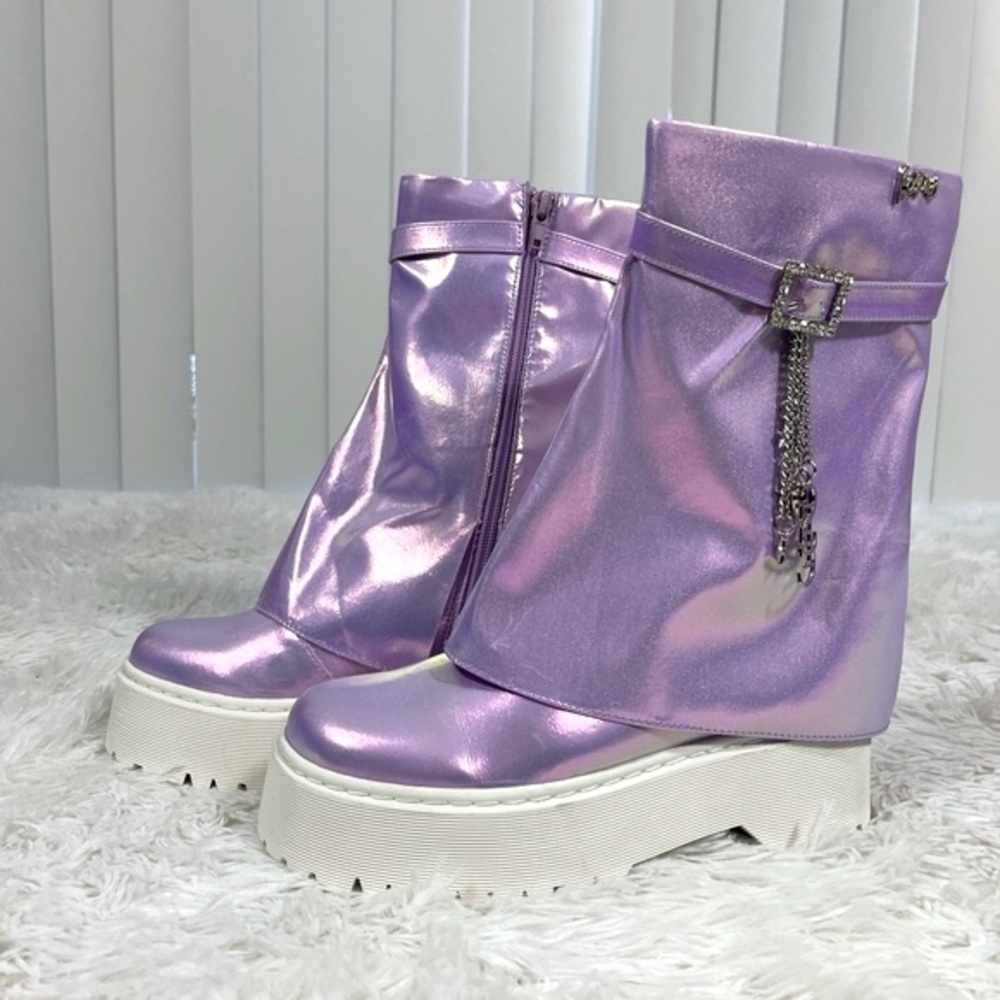 SPARKL FAIRY COUTURE Luna Iridescent Fold Over Combat Boots Booties Purple 6